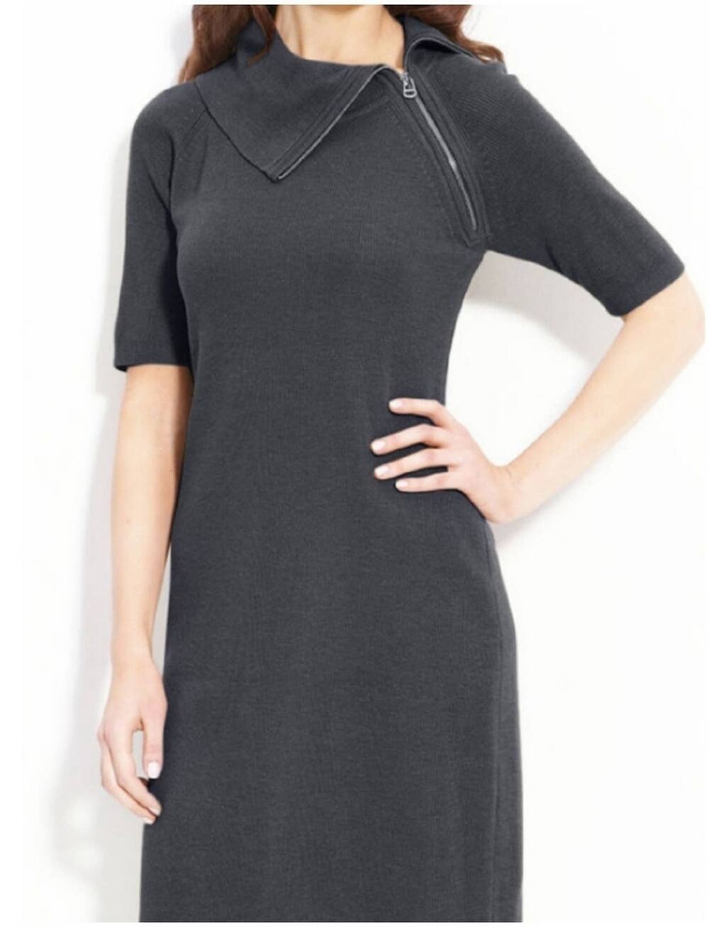 Calvin Klein Cowl Zip Neck Grey Short Sleeve Knit Sweater Dress Size Medium